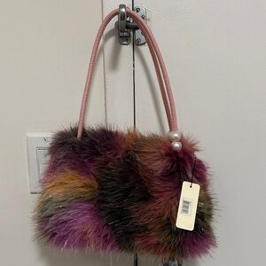 NWT Multicolored Faux Fur Handbag with Pink Beaded Top Strap plus Chain X Body.